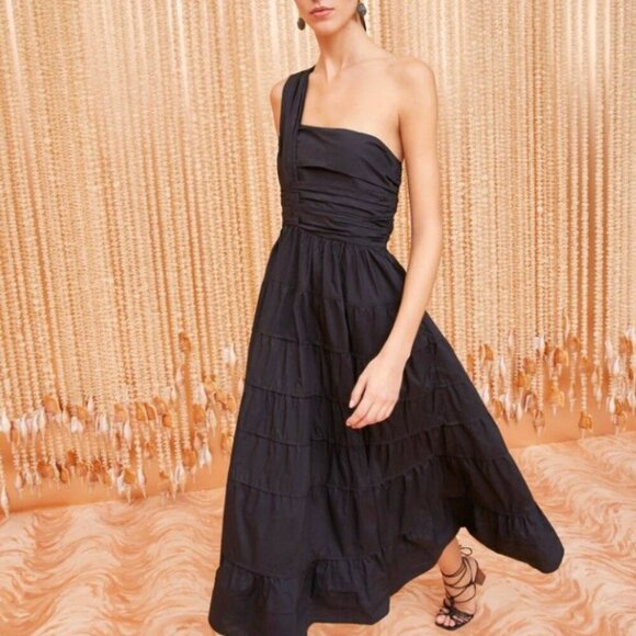 Ulla Johnson Ellie Dress Black Cotton One Shoulder Midi Dress - Picture 3 of 10